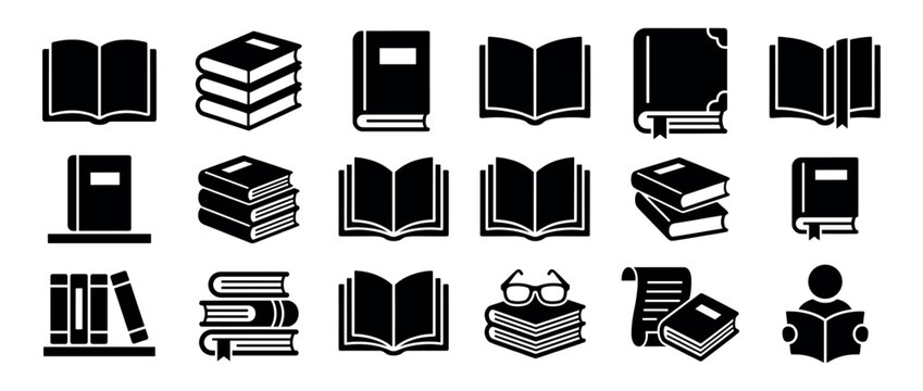 Set of black silhouette book icons representing learning, knowledge, and literature, featuring open pages, stacked volumes, bookmarks, and a reader pictogram