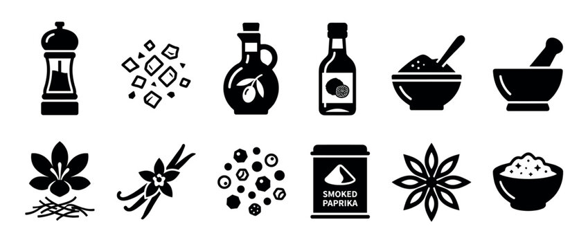 Collection of black spice and seasoning icons including a pepper mill, olive oil, paprika, saffron, vanilla, and star anise presented in a minimalist glyph style