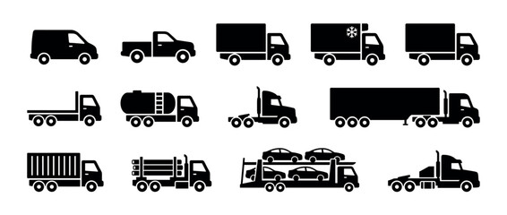 Collection of black truck icons showing various commercial vehicles for logistics, including a semi, van, tanker, and car carrier, presented in a simple silhouette pictogram style © Vladislav