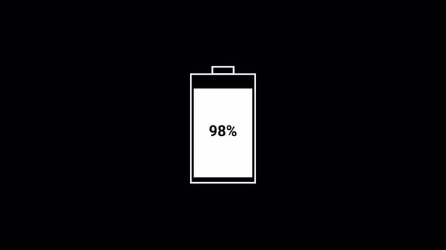 Mobile phone battery charging animation with alpha channel, digital low battery charge status indicator animation, battery fast charging animation,
 filling up from 0 to 100% battery charge animation
