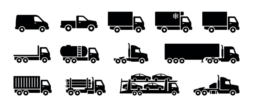 Collection of black truck icons showing various commercial vehicles for logistics, including a semi, van, tanker, and car carrier, presented in a simple silhouette pictogram style