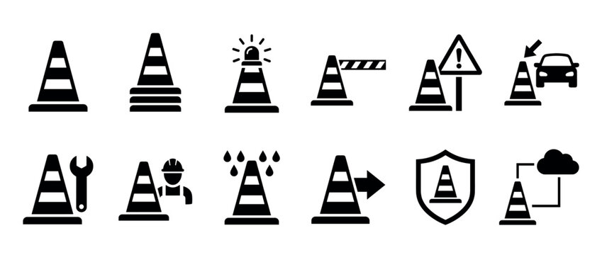 Set of black traffic cone icons representing various concepts like road safety, construction, warning, maintenance, and technology in a minimalist flat vector style