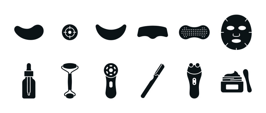 Set of black skincare and beauty icons featuring a sheet mask, face roller, serum, and eye patches for a daily routine, presented as minimalist glyphs for cosmetic concepts