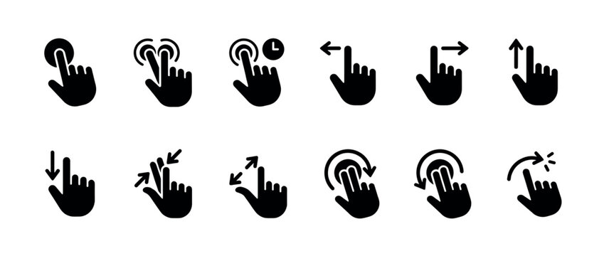 Collection of black hand gesture icons for touch screen interfaces showing various actions like tap, swipe, pinch, zoom, and rotate for user interface design and mobile applications