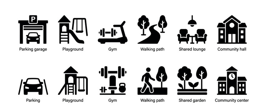 Black glyph icon set showing residential amenities like a parking garage, playground, gym, walking path, shared garden, and community center in a minimalist vector style