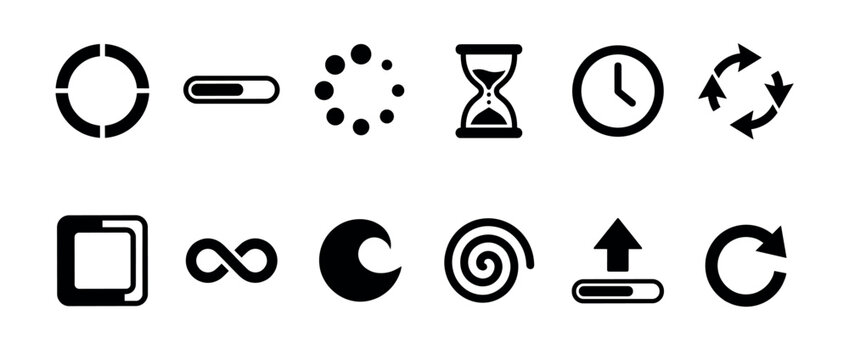 Set of black loading and progress icons shows various minimalist symbols for user interface design, including a spinner, hourglass, refresh arrow, upload sign, and progress bar