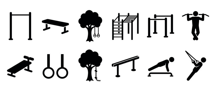 Set of black calisthenics and street workout icons showing various exercises and equipment like pull-up bars, parallel bars, and gymnastic rings for outdoor fitness training