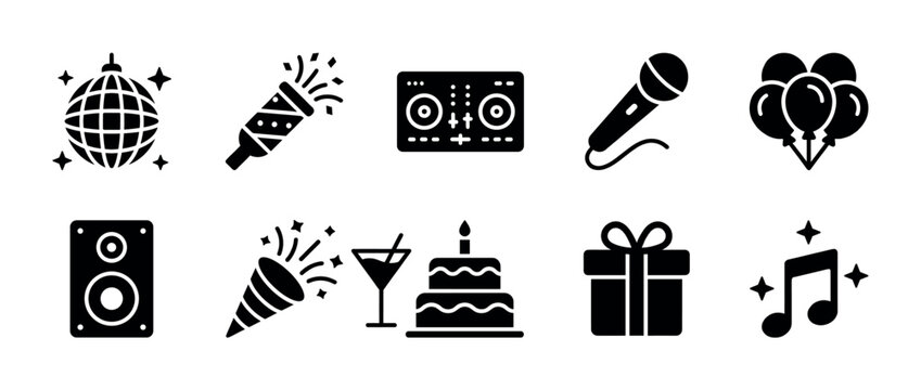 Black glyph icon set for party and celebration themes, featuring a birthday cake, gift box, balloons, disco ball, microphone, speaker, and musical notes in a flat design style