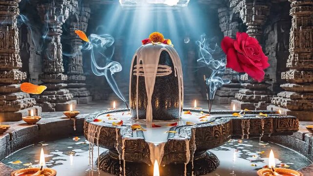 Divine mahadev shivling abhishek ritual inside ancient temple with glowing lamps incense devotion for maha shivratri meditation festival spiritual visuals night cinematic calm sacred ambience