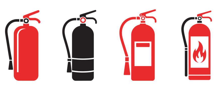 Fire extinguisher icon set, representing fire safety and firefighter equipment, clean vector design, suitable for emergency signage, industrial safety, workplace hazard illustration