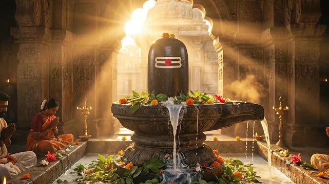 Sunrise maha shivratri shivling ritual with mahadev presence in ancient temple trishul devotion sacred water milk offering cinematic spiritual calm