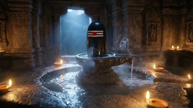 Serene minimalist temple shivling devotion with soft golden light milk abhishek tranquil atmosphere mahadev maha shivratri trishul hindu spirituality