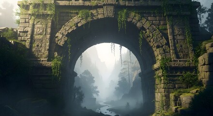 Fototapeta premium Ancient stone archway overgrown with vibrant green moss and hanging vines leads toward a misty hidden valley