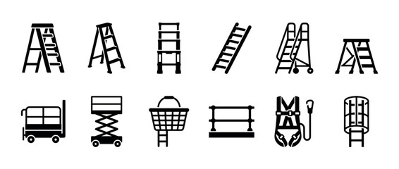 Collection of black silhouette icons representing ladders, scaffolding, and safety equipment for working at height, including stepladders, scissor lifts, and harnesses in a flat glyph style © Vladislav