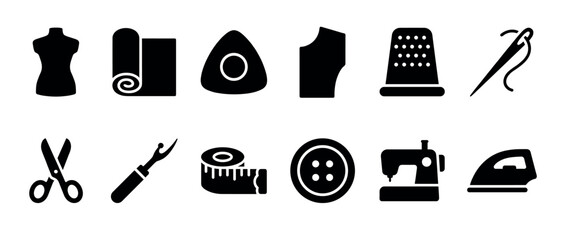 Black silhouette sewing and tailoring icon set with a mannequin, fabric roll, chalk, pattern, thimble, needle, scissors, seam ripper, measuring tape, button, machine, and iron