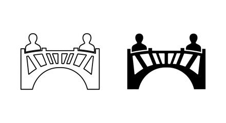 Abstract Bridge Icon with Two People Representing Connection, Partnership, and Teamwork, Simple Black and White Vector Graphic