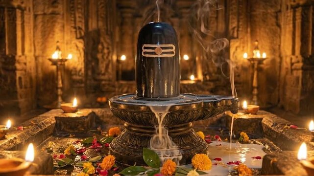 Divine mahadev shivling abhishek inside ancient stone temple with glowing oil lamps incense smoke milk ritual trishul devotion for maha shivratri night meditation spiritual visuals