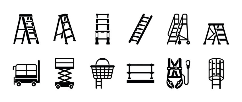 Collection of black silhouette icons representing ladders, scaffolding, and safety equipment for working at height, including stepladders, scissor lifts, and harnesses in a flat glyph style