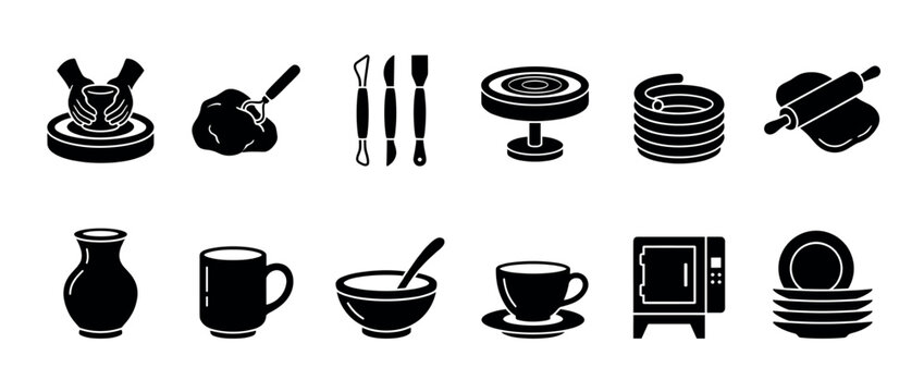 Black pottery and ceramics glyph icon set illustrating the handmade crafting process with a potter's wheel, sculpting tools, kiln, and finished earthenware like cups, bowls, and plates