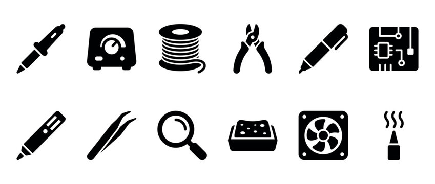 Set of black solid glyph icons for electronics repair and soldering, including a soldering iron, circuit board, tweezers, and magnifying glass, presented in a clean, minimalist style