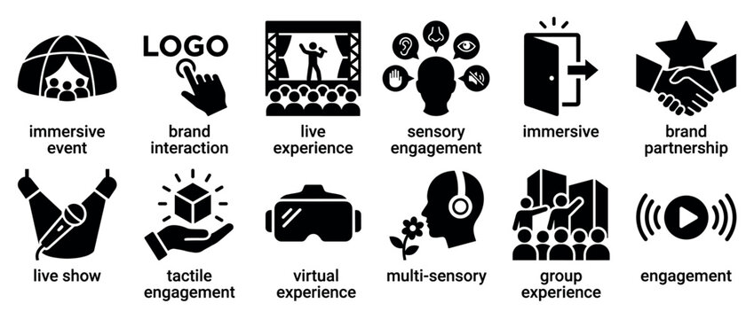 Set of black glyph icons representing experiential marketing concepts like immersive events, brand interaction, sensory engagement, virtual reality, and live show partnerships