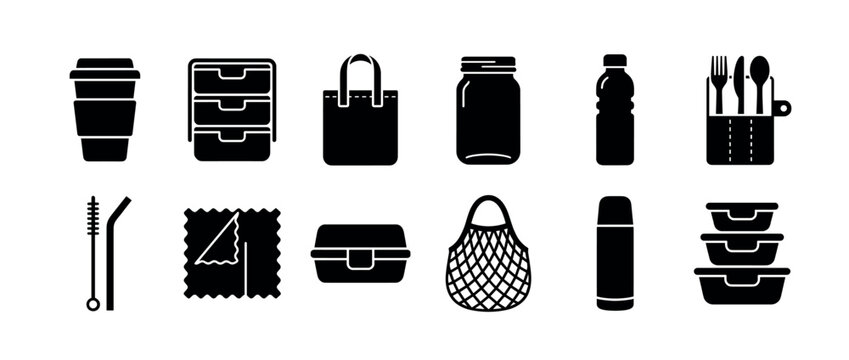 Black silhouette icons of reusable zero-waste items including a coffee cup, lunch box, tote bag, and water bottle for a sustainable lifestyle concept in a flat minimalist style