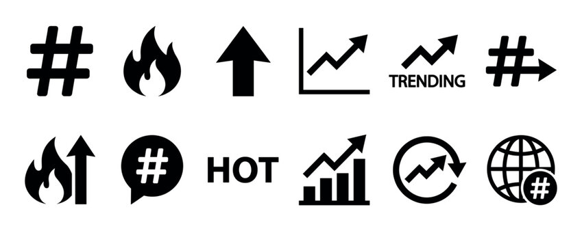 Collection of black trending topic icons including hashtags, flames, and growth charts for social media and marketing concepts, presented in a simple, minimalist vector style