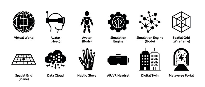 Collection of black glyph icons representing metaverse and virtual reality concepts like avatar, haptic glove, digital twin, and AR/VR headset in a minimalist infographic style