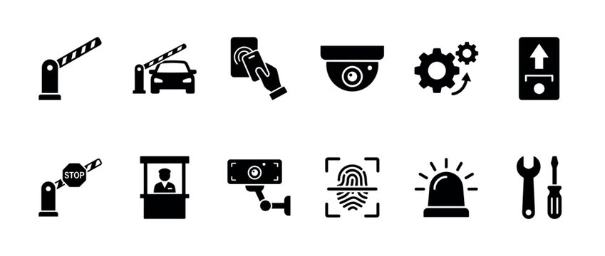 Set of black glyph icons representing security systems and access control with symbols for barriers, surveillance cameras, fingerprint scanning, alarm, and automation in a flat minimalist style