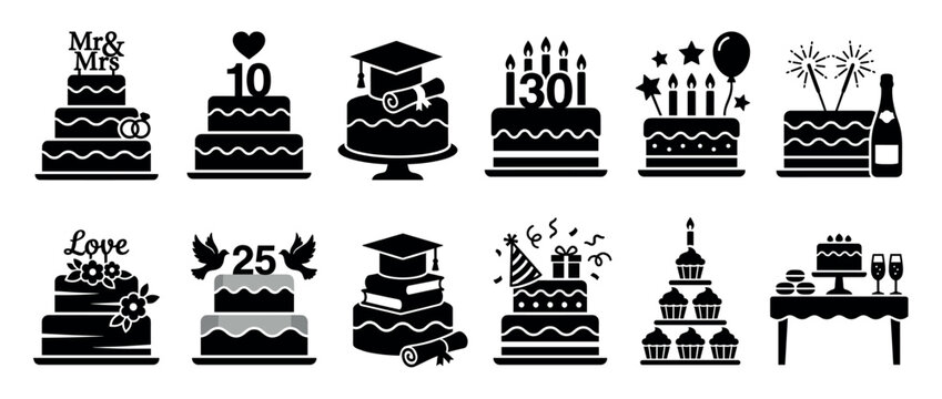 Black celebration cake and dessert icons set for various special occasions, a collection of minimalist glyphs for birthdays, weddings, anniversaries, and graduation events