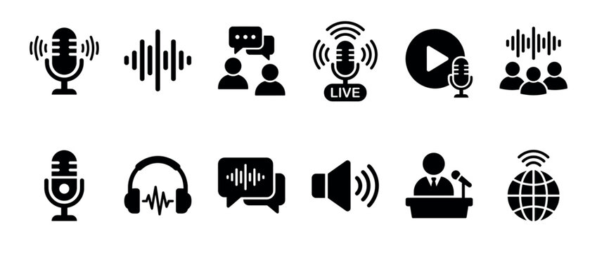 Black podcast and audio broadcasting icon set featuring various glyphs for live streaming, sound waves, microphones, headphones, and communication symbols