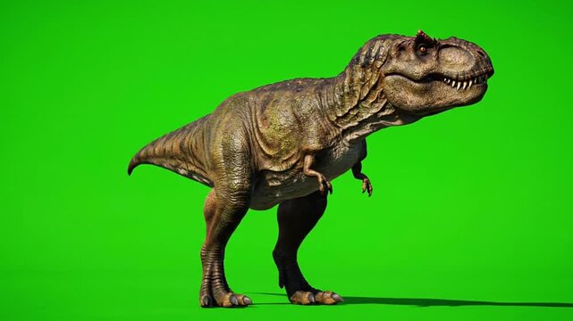 A dinosaur stands on a greenscreen for video production, showcasing a dinosaur in a studio setting.