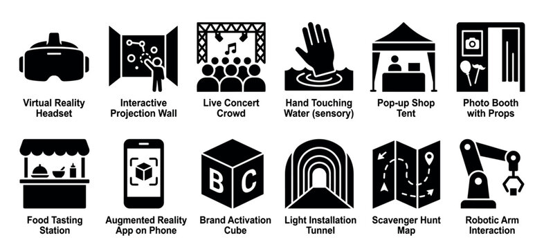 Twelve black solid icons in a set modern event activities and interactive experiences, including virtual reality, pop-up shops, sensory installations, and robotic technology for brand engagement