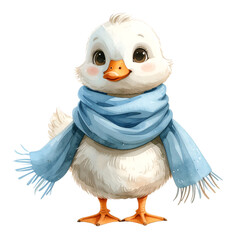 Charming Duckling in Winter Scarf: An adorable illustration of a fluffy duckling, cozily wrapped in a light blue scarf. It's a whimsical, warm depiction of winter.