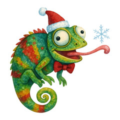 Obraz premium Green watercolor chameleon with big eyes wearing a Santa hat and a red bow tie with a snowflake on transparent background for Christmas