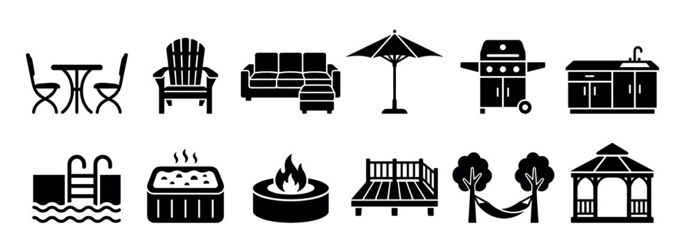 Set of black silhouette icons representing backyard patio furniture and outdoor living accessories like a grill, sofa, gazebo, hot tub, and swimming pool in a minimalist glyph style