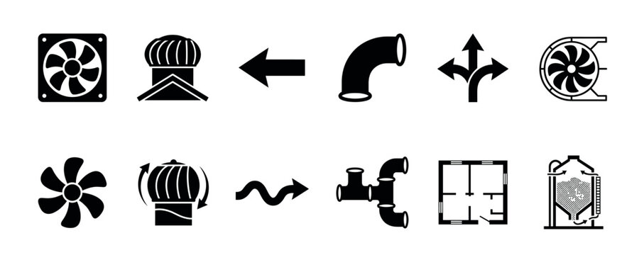 Collection of black HVAC system icons including fans, vents, pipes, and ductwork elements for engineering and architectural design, presented as a flat graphic symbol set