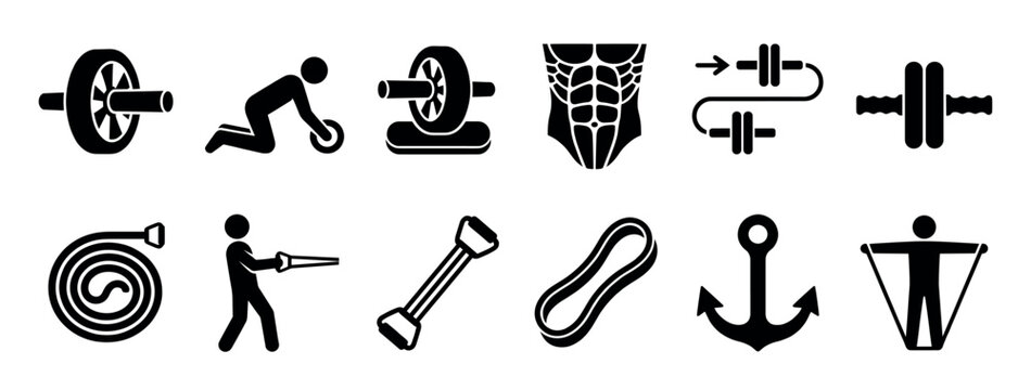 Black vector icon collection of gym equipment for abdominal and strength workouts, featuring an ab roller, battle rope, resistance bands, push-up bars, and exercise pictograms