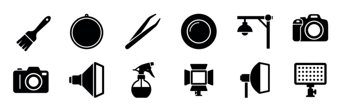Set of black photography and videography icons representing various studio equipment like cameras, lights, reflectors, and tools for creative projects in a minimalist glyph style