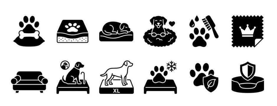 Set of black silhouette icons for pet products and dog beds, illustrating various features like orthopedic comfort, large size, grooming, and durable materials for animal accessories