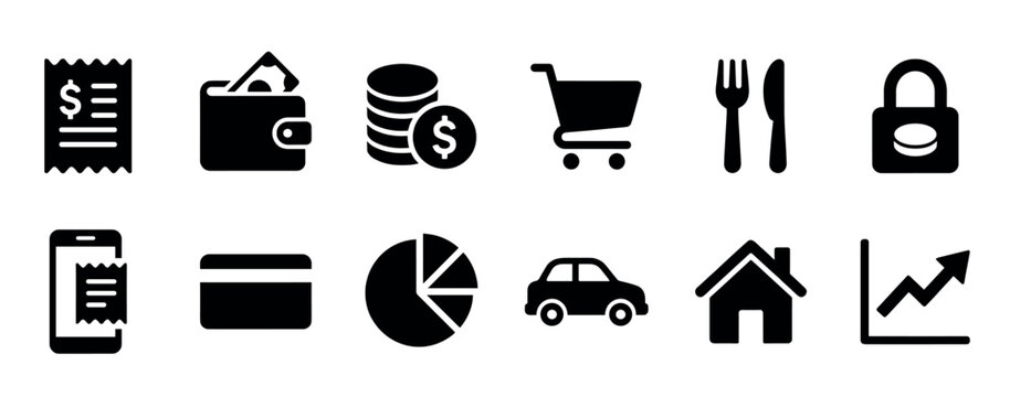 Set of black solid finance icons representing personal expenses, budgeting, and spending, with symbols for receipt, wallet, shopping cart, credit card, house, and growth chart