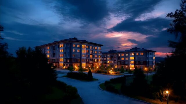 Real estate business market, house home building purchase sale. A nighttime cityscape with a row of residential buildings illuminated by lights, surrounded by lush greenery, trees, and a fence.