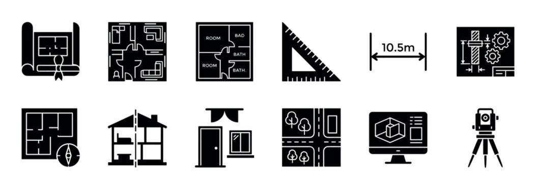 Set of black glyph icons representing architecture and engineering with symbols for blueprints, floor plans, technical drawings, surveying tools, and computer-aided design