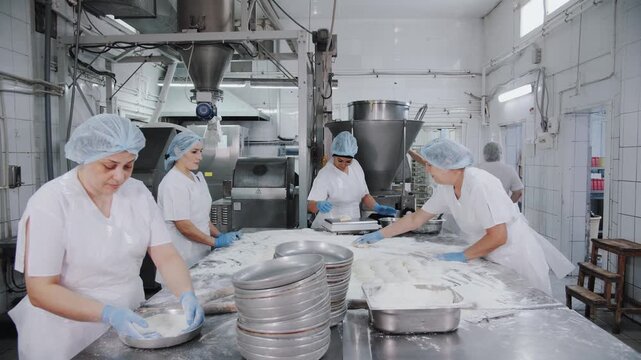 Commercial bakery production team preparing dough for baking.