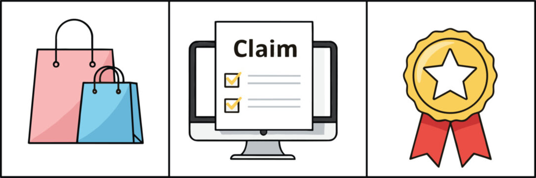 Shopping bags insurance claim checklist and award badge vector icon set colored outline illustration design