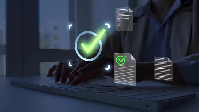 Business person checking digital documents on laptop with checklist approval icon, verification, workflow control, productivity and online document management.	
