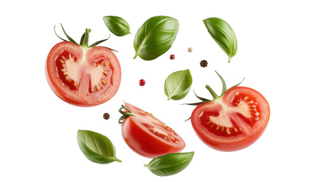 Sliced tomatoes and basil leaves floating food isolated on a transparent background