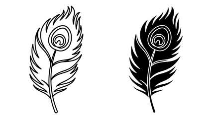 Obraz premium Peacock feather vector icons set in black and white line art and silhouette style isolated on white background