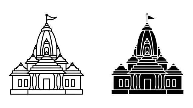 Hindu temple icons set featuring outline and silhouette versions of Indian religious architecture isolated on white background
