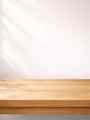 light matte wall with wooden table bottom and soft morning light copy space